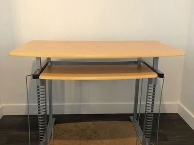 Compact Wood and Metal Computer Desk with Pull-Out Keyboard Tray