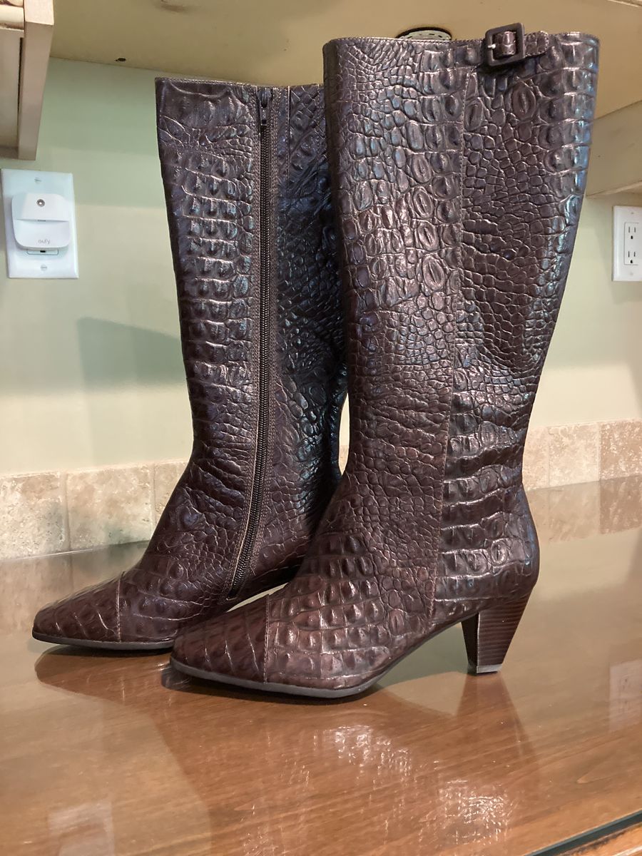 Brown Crocodile Embossed Leather Knee-High Boots with Buckle Detail