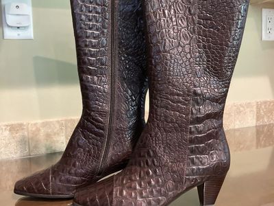 Brown Crocodile Embossed Leather Knee-High Boots with Buckle Detail