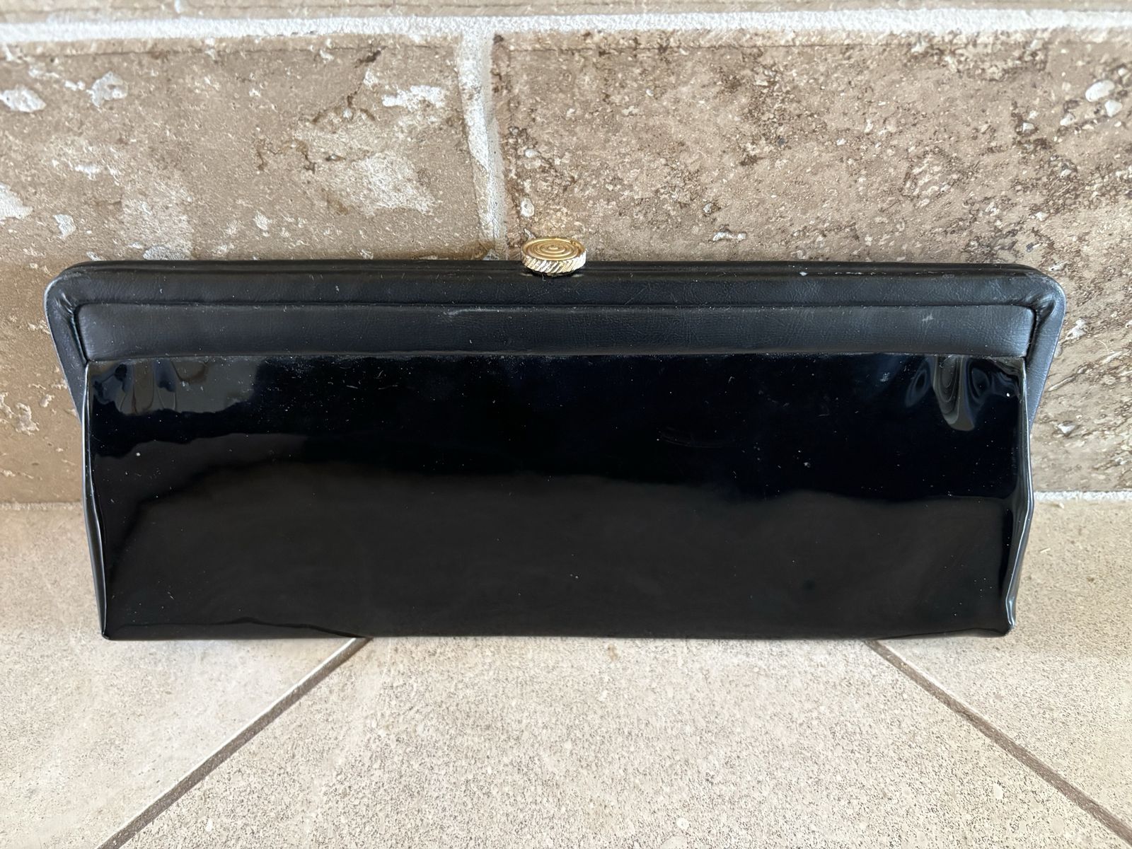 Long Vintage Black Patent Leather Clutch w/ Chain