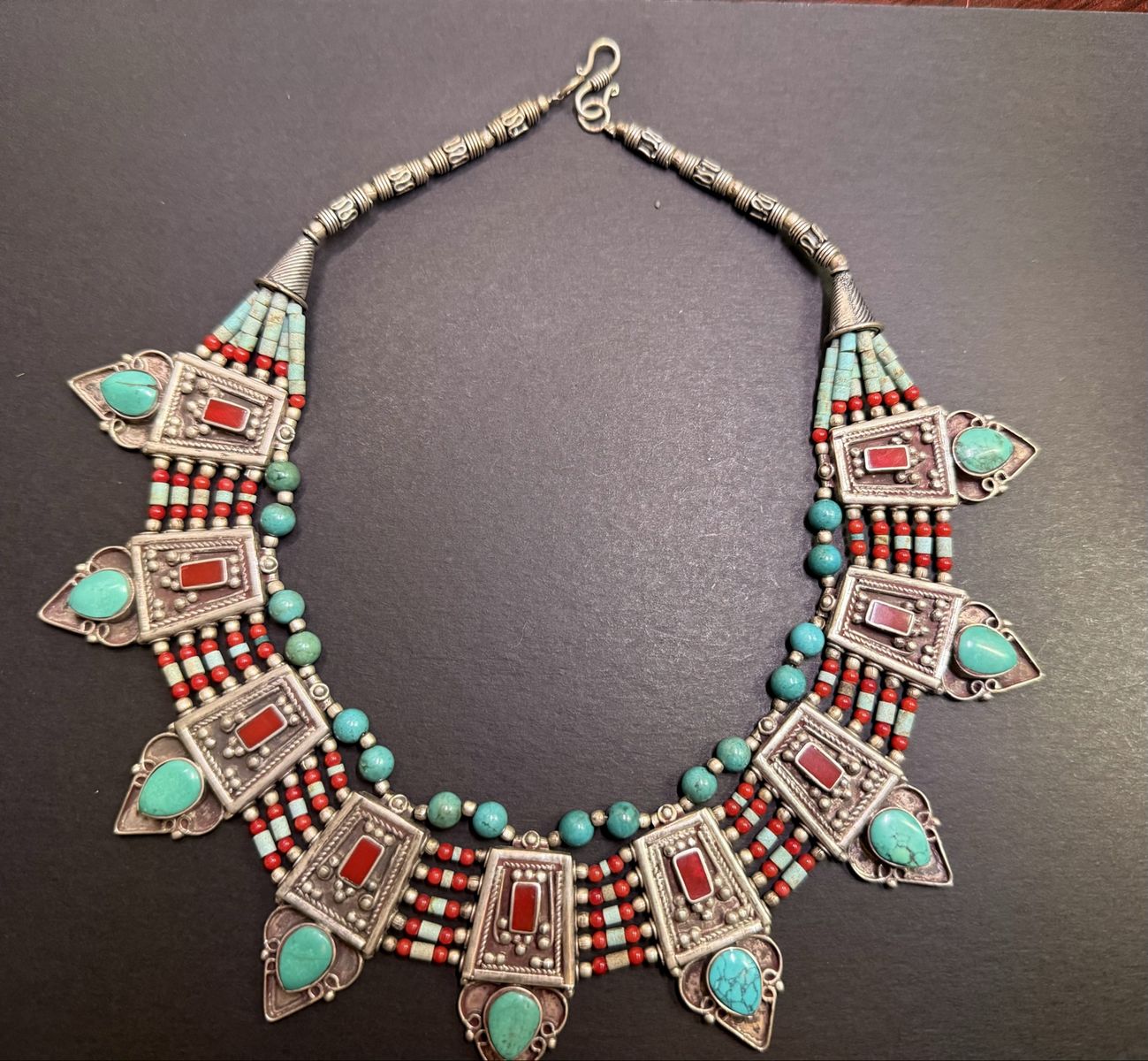 Vintage Tibetan/Nepalese Inspired Statement Bib Necklace - Silver-tone, Turquoise & Red Accents