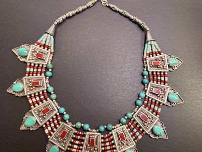Vintage Tibetan/Nepalese Inspired Statement Bib Necklace - Silver-tone, Turquoise & Red Accents