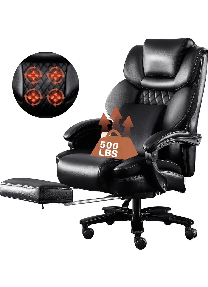 Ergonomic Office Chair with Massage & Footrest, 500 lbs Capacity, Black Bonded Leather NEW!