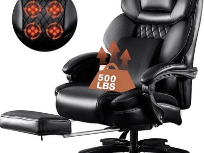 Ergonomic Office Chair with Massage & Footrest, 500 lbs Capacity, Black Bonded Leather NEW!
