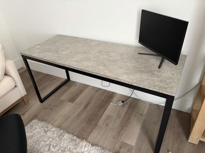 Modern Industrial Desk with Concrete-Look Top and Black Metal Frame