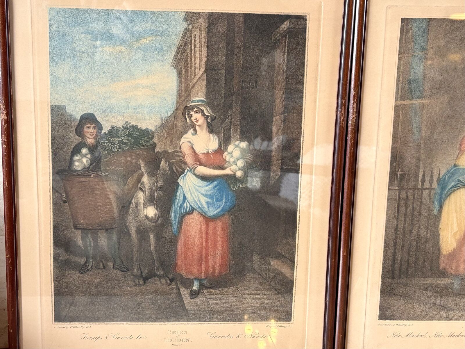 Beautiful late 1700’s engraving print, antique hand colored framed prints by Francis Wheatley