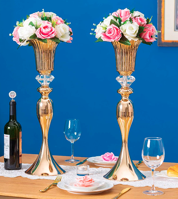 2 pack Gold Vase for Wedding Centerpieces, Metal Flower Trumpet Vase with Crystal Bead, 21.65" Tall