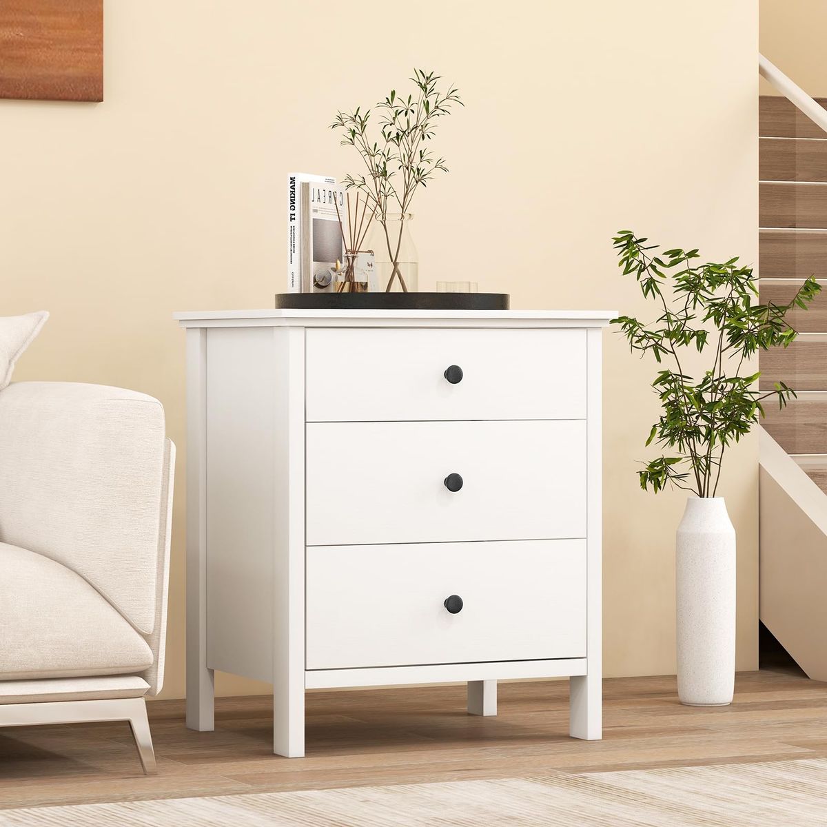 New! Giantex Nightstand with 3 Drawers, Wooden Side End Table with Solid Wood Legs, Retro 3-Drawer Bedside Table Night Stand 