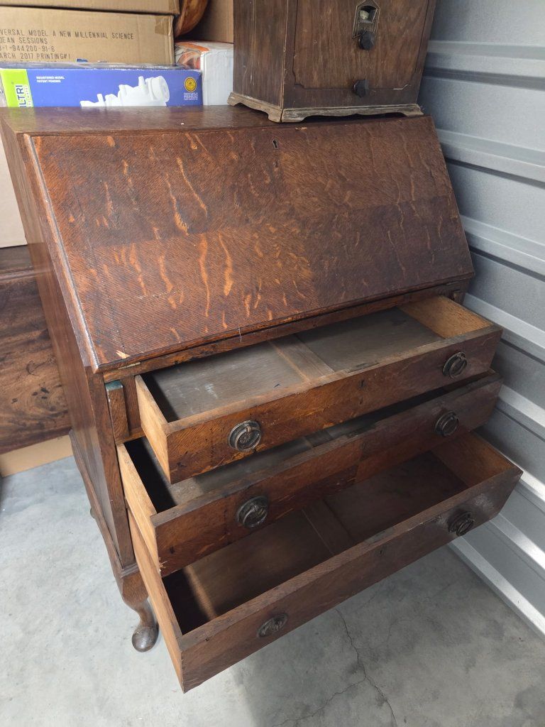 Antique Oak Secretary Desk with Drawers and Organizers - Vintage Wood Furniture