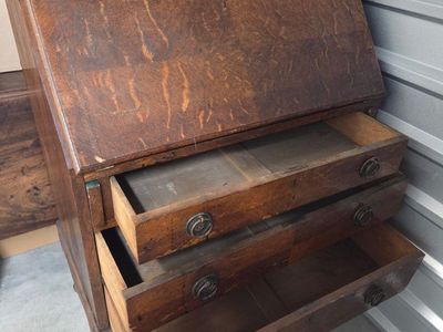 Antique Oak Secretary Desk with Drawers and Organizers - Vintage Wood Furniture