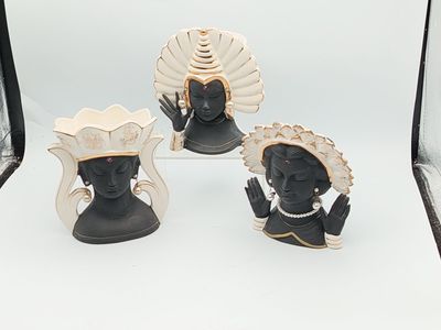 3 Napco Headvase~1956 #C2635A~B~C~Thailand/Thai Woman Headpiece~Black/White/Gold