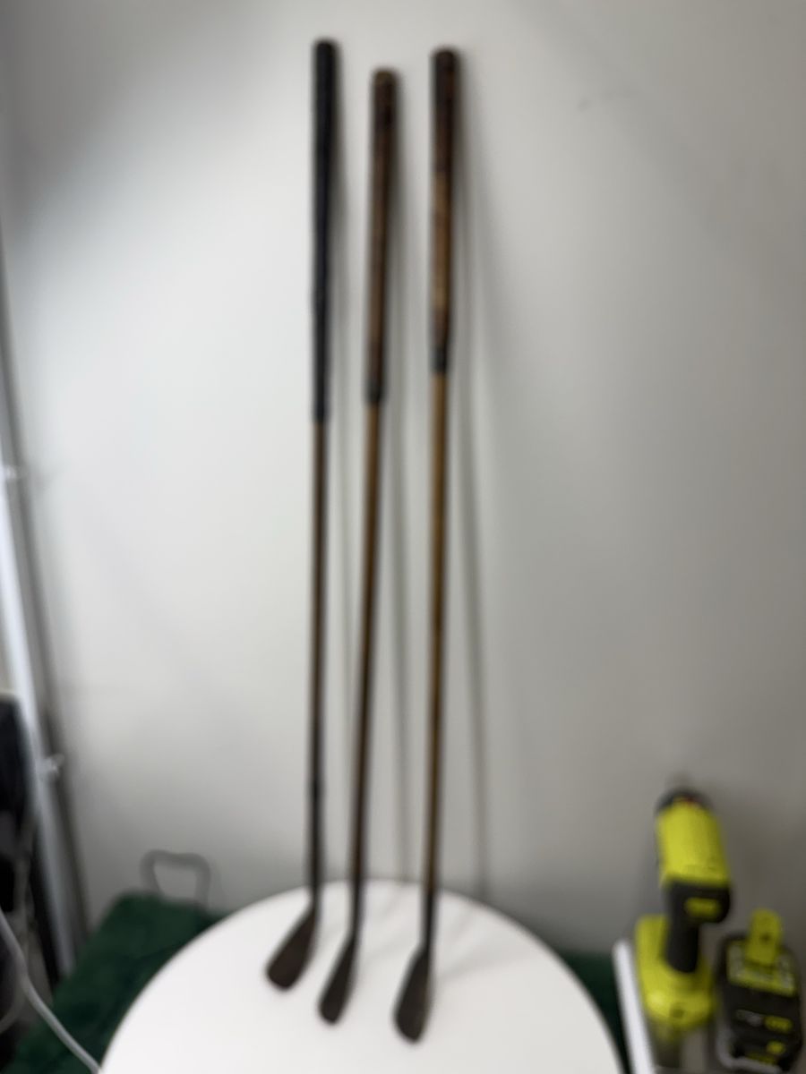 3 Antique Golf Clubs With Wooden Handles