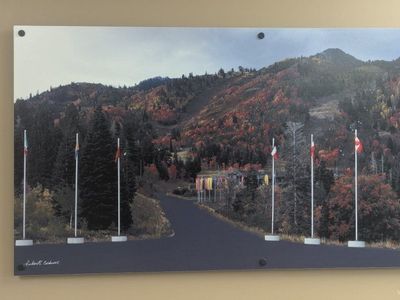Snow Basin Mountain Resort Autumn Flags Wall Art. 48" wide x 24" high.