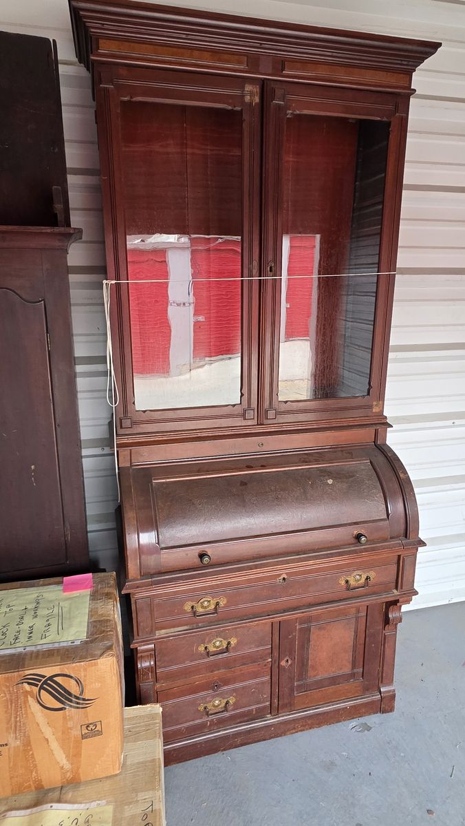 Antique Wooden Roll-Top Desk with Hutch and Glass Display Doors