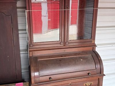 Antique Wooden Roll-Top Desk with Hutch and Glass Display Doors