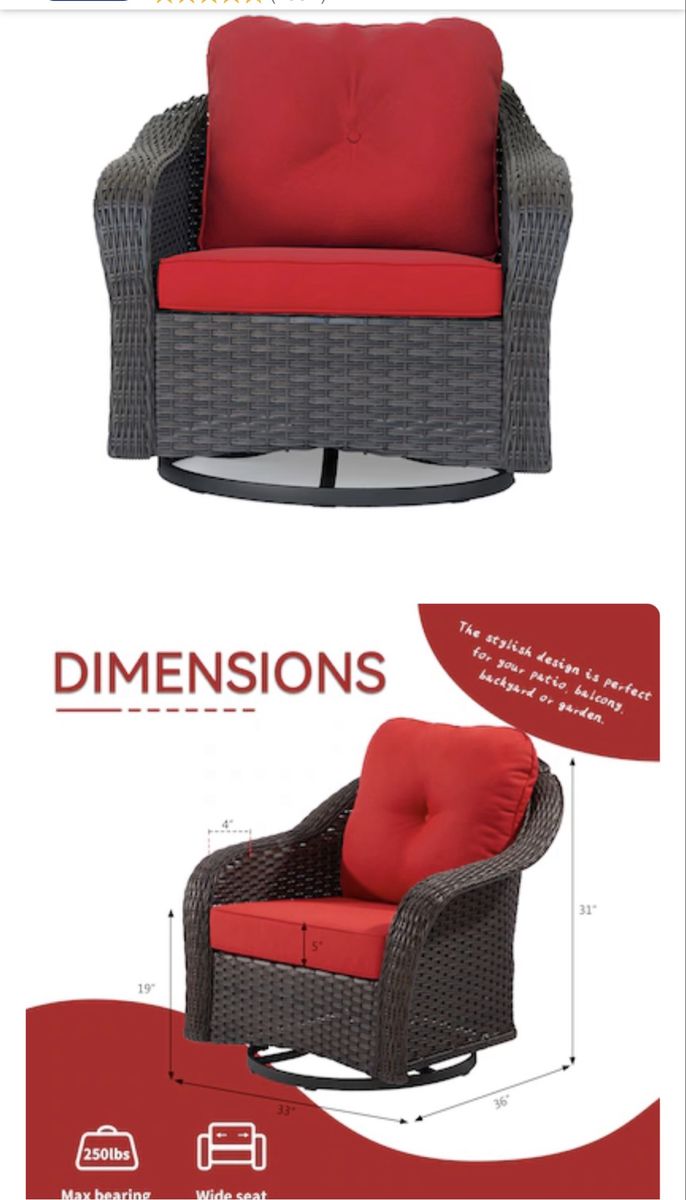 Gardenbee Wicker Patio Curved Swivel Glider Rocker Chair - Red Cushions