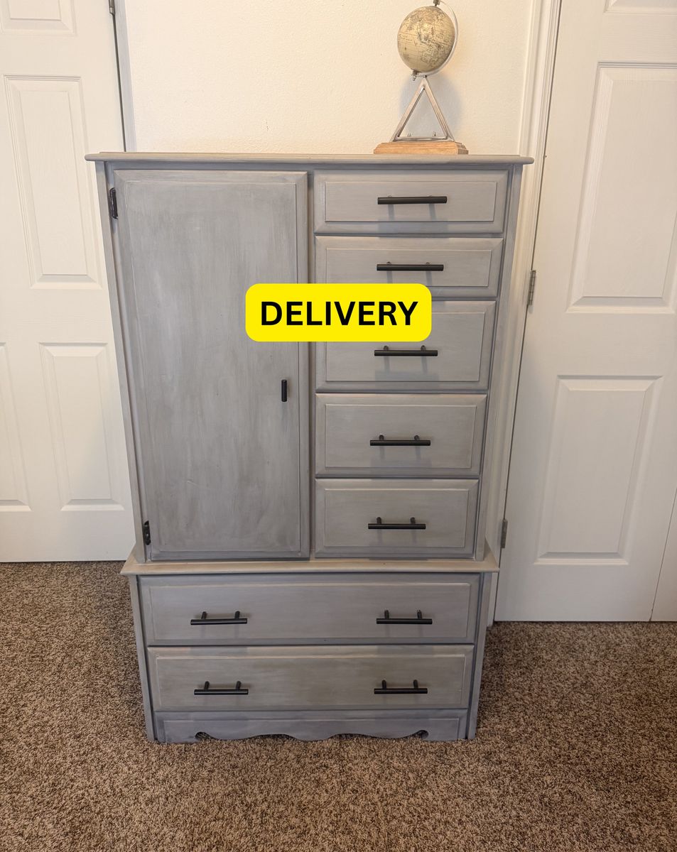 DELIVERY - Solid Wood Armoire/Dresser – Distressed Gray Finish with Black Handles