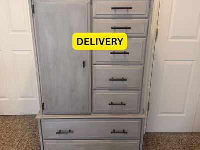 DELIVERY - Solid Wood Armoire/Dresser – Distressed Gray Finish with Black Handles