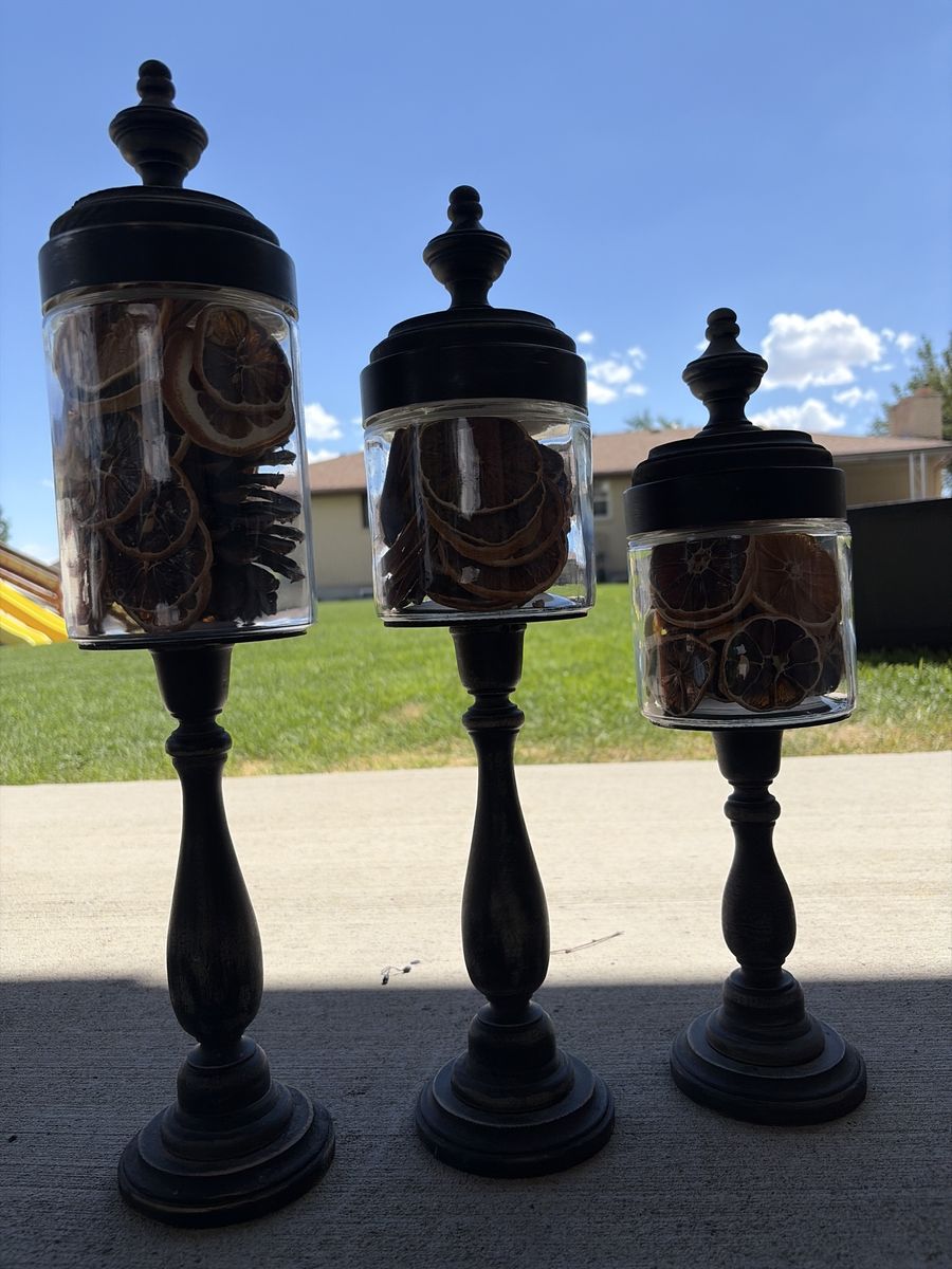 Set of 3 Wood & Glass Potpourri Jars with Stands - Decorative Home Accents