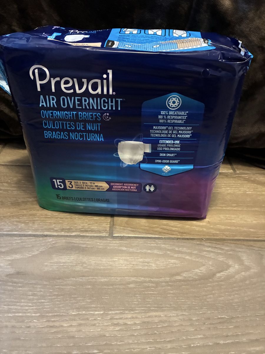 Prevail Air Overnight Adult Briefs - Size 3, 58-73in, 15 Count - MaxSorb Gel, Odor Guard