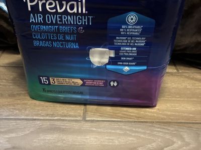 Prevail Air Overnight Adult Briefs - Size 3, 58-73in, 15 Count - MaxSorb Gel, Odor Guard