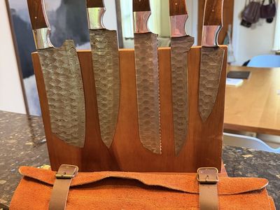 Handmade Damascus Steel Chef Knife Set with Wooden Block & Leather Roll - 5-Piece Kitchen Knives