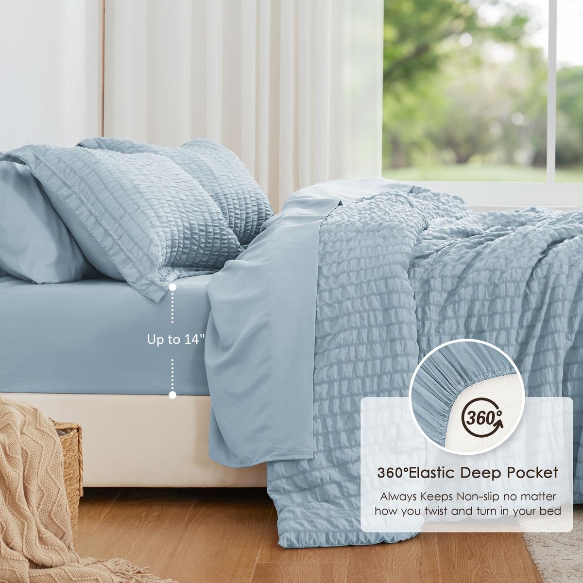 Love's cabin Seersucker Light Blue Twin Comforter Set, 5-Piece All Season Lightweight Bed in a Bag Bedding Set with Comforter, F