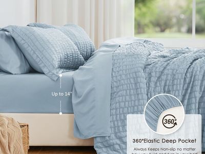 Love's cabin Seersucker Light Blue Twin Comforter Set, 5-Piece All Season Lightweight Bed in a Bag Bedding Set with Comforter, F