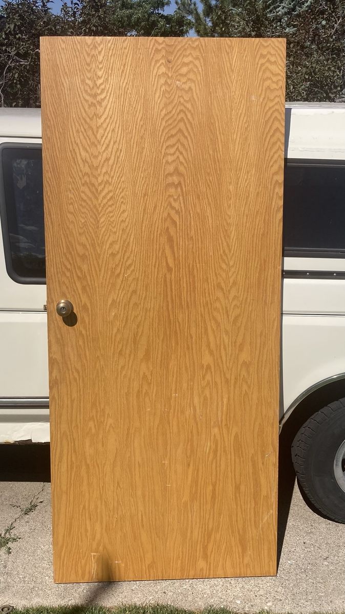 Vintage Flush Wood Interior Door with Brass Doorknob & Hinges