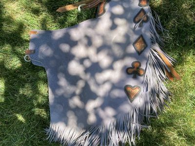 Custom Leather Chaps with Fringe and Playing Card Suit Inlays