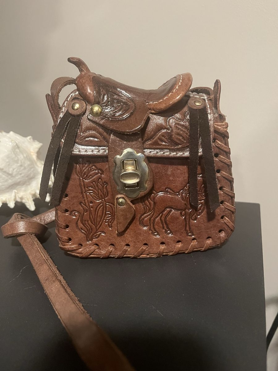 Vintage Hand-Tooled Leather Miniature Saddle Bag Purse