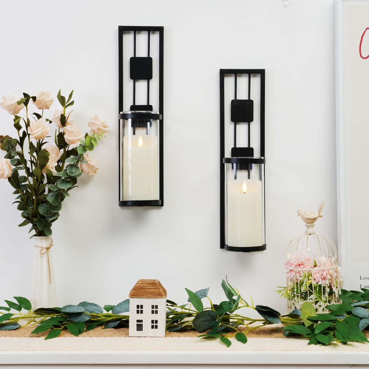 2-Pack Black Metal Wall Sconce Candle Holders with Glass Votives, Modern Geometric Design