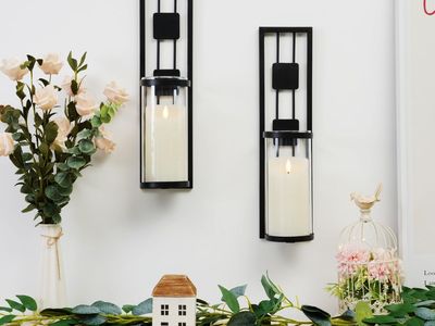 2-Pack Black Metal Wall Sconce Candle Holders with Glass Votives, Modern Geometric Design