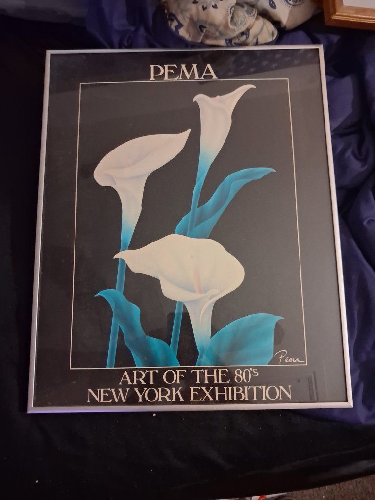 Vintage PEMA Art of the 80s New York Exhibition Framed Print Calla Lilies Blue White