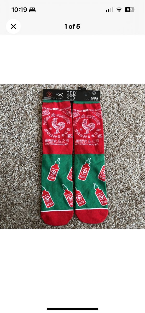 Odd Sox Sriracha Hot Chili Sauce Socks - Red/Green, Fits Sizes 6-13, New with Tags