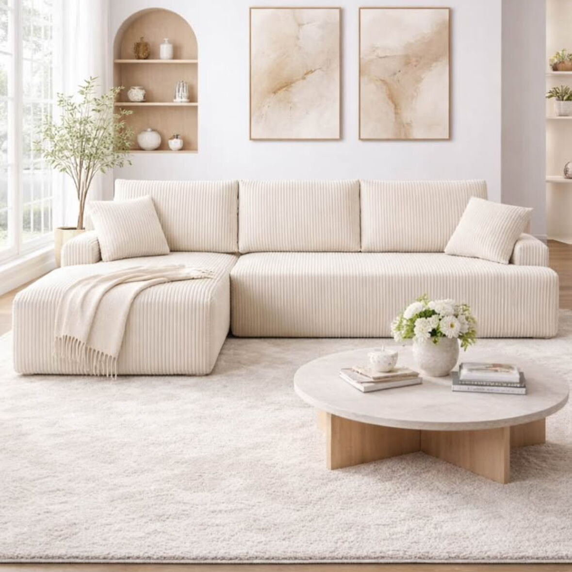 NEW 108 Sectional Sofa Cream Corduroy Couch