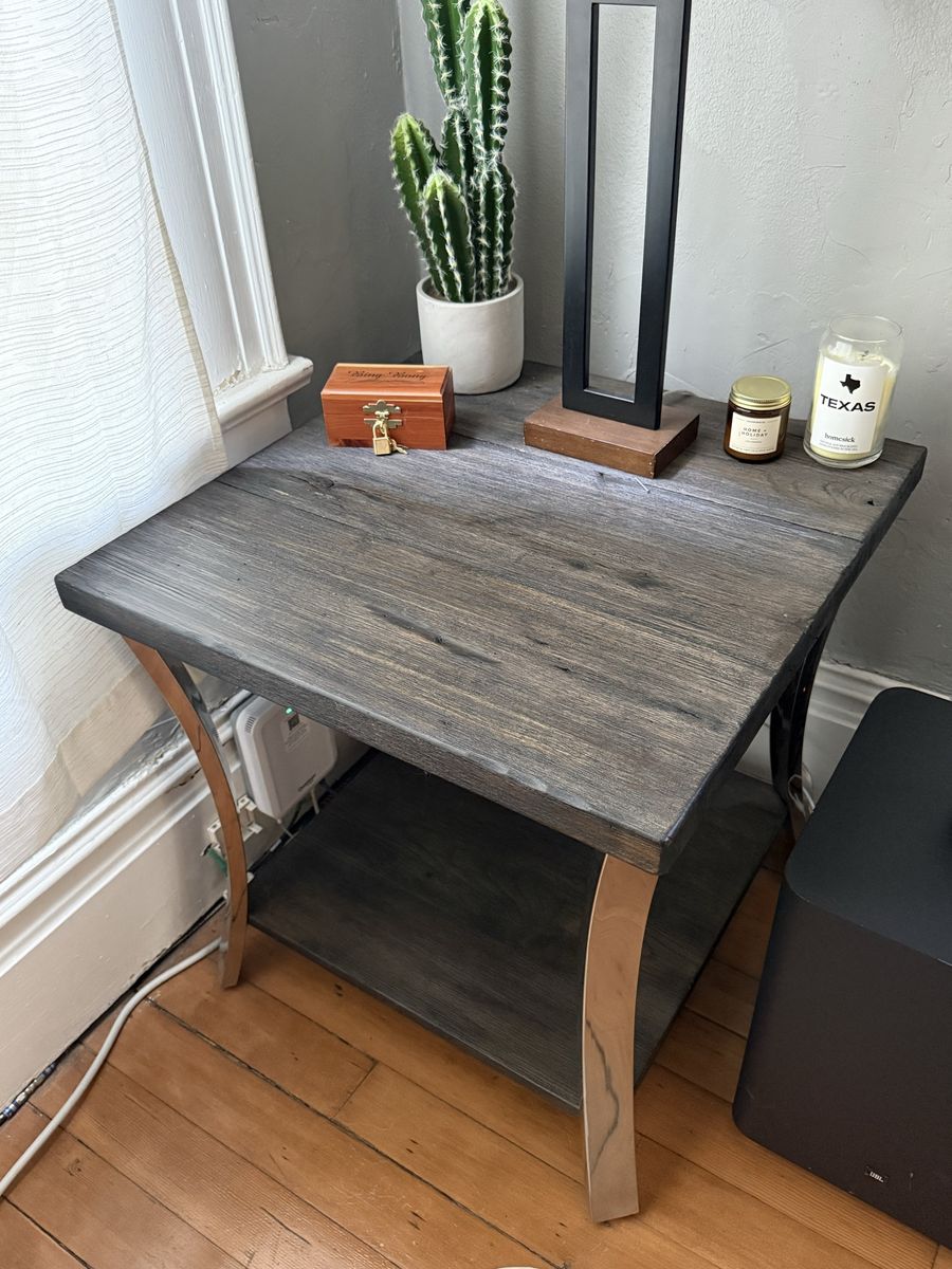 Rustic Wood End Table with Chrome Curved Legs and Lower Shelf