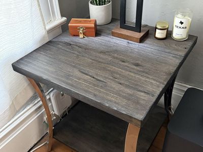 Rustic Wood End Table with Chrome Curved Legs and Lower Shelf