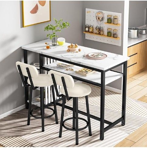 New - AWQM 3 Pc Bar Table & Chairs Set Modern Faux White Marble Table w 2 PU Cushion Bar Stools