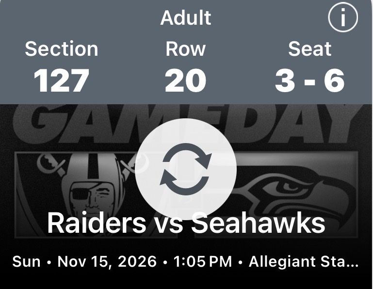 Las Vegas Raiders vs. Seattle Seahawks Football Tickets - Nov 15, 2026 4 great lower bowl seats $460