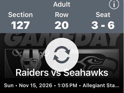 Las Vegas Raiders vs. Seattle Seahawks Football Tickets - Nov 15, 2026 4 great lower bowl seats $460