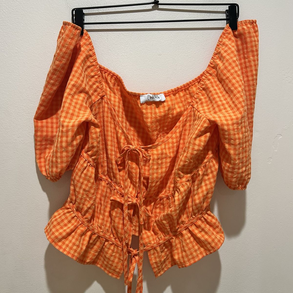 Louna Orange Gingham Open Tie Front Shirt Medium