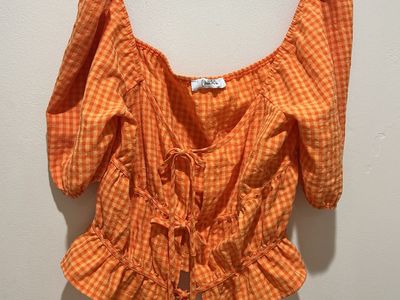 Louna Orange Gingham Open Tie Front Shirt Medium