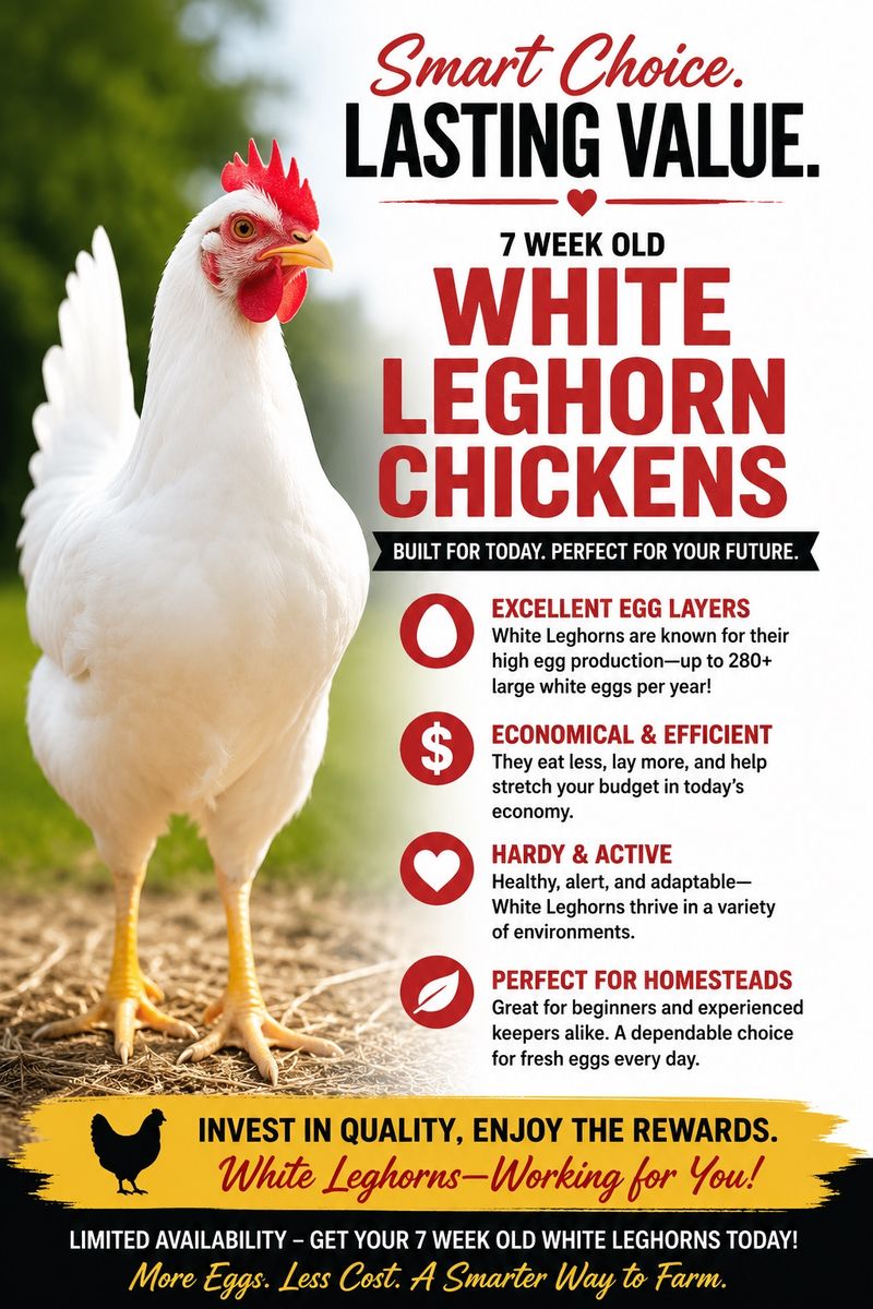 White Leghorn PULLETS (females) 7 weeks old. 15 available. $15ea or all 15 for $13 each ($195).