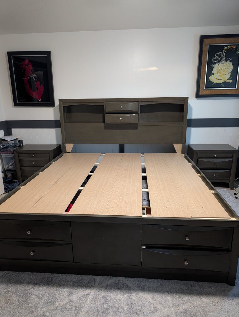 King Size Platform Bed with Storage Headboard, Drawers, Nightstands & Dresser