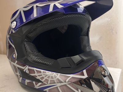 Oumurs Off-Road Dirt Bike Helmet Blue Spider Web Graphic XL never used PICKUP CASH ONLY