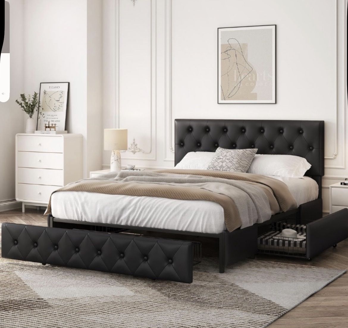 Queen Size Black Upholstered Platform Bed Frame with Tufted Headboard & storage drawers