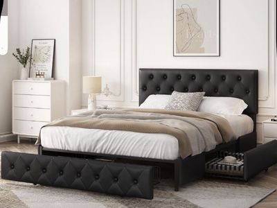 Queen Size Black Upholstered Platform Bed Frame with Tufted Headboard & storage drawers