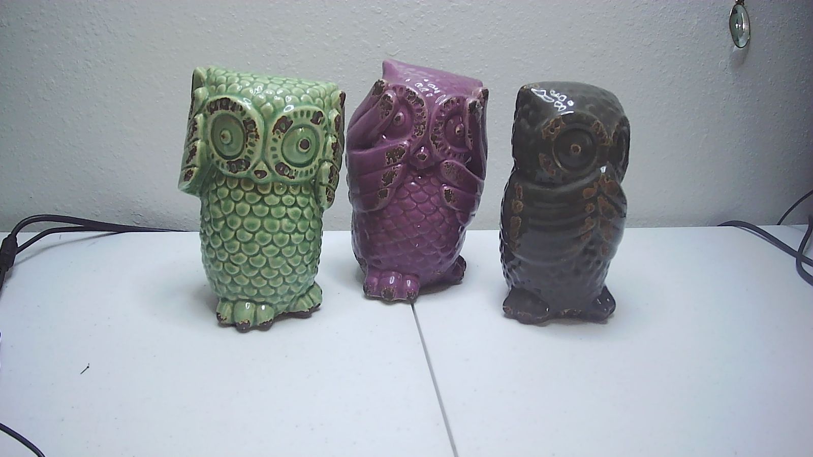 Set of 3 Vtg glazed ceramic "Wise Owl" figurines See, Speak, Hear No Evil 6.5"