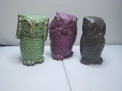Set of 3 Vtg glazed ceramic "Wise Owl" figurines See, Speak, Hear No Evil 6.5"